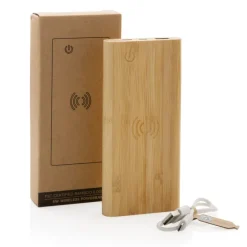Bambusowy, bezprzewodowy power bank 8000 mAh, ładowarka bezprzewodowa 5W / Brązowy P322.359