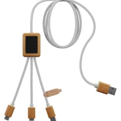 Kabel do ładowania SCX.design C39 z podświetlanym logo 3-w-1 z plastiku PET z recyklingu i z kwadratową drewnianą obudową / Biały 2PX10801