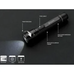 Kieszonkowa latarka Gear X, ładowana przez USB, aluminium z recyklingu / Czarny P513.901