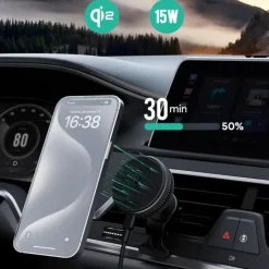 Samochodowy uchwyt do telefonu, magnetyczna ładowarka bezprzewodowa 15W Aukey / Czarny VAM09-03