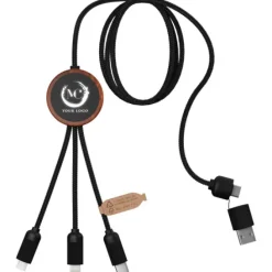 SCX.design C37 kabel do ładowania z podświetlanym logo 5-w-1 rPET i z okrągłą drewnianą obudową / Drewno 2PX07171