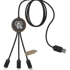 SCX.design C36 przedłużany kabel do ładowania z podświetlanym logo 3-w-1 rPET i z okrągłą bambusową obudową / Drewno 2PX08471