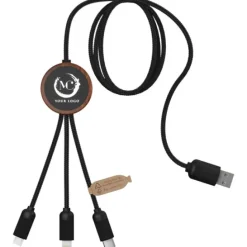 SCX.design C36 przedłużany kabel do ładowania z podświetlanym logo 3-w-1 rPET i z okrągłą bambusową obudową / Drewno 2PX08471
