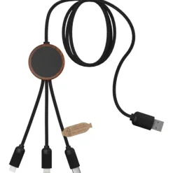 SCX.design C36 przedłużany kabel do ładowania z podświetlanym logo 3-w-1 rPET i z okrągłą bambusową obudową / Drewno 2PX08471
