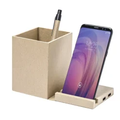 Składana ładowarka bezprzewodowa 5W z kartonu z recyklingu, hub USB 2.0, pojemnik na przybory do pisania, stojak na telefon / Neutralny V0178-00
