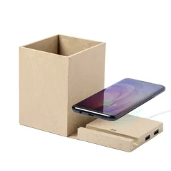 Składana ładowarka bezprzewodowa 5W z kartonu z recyklingu, hub USB 2.0, pojemnik na przybory do pisania, stojak na telefon / Neutralny V0178-00
