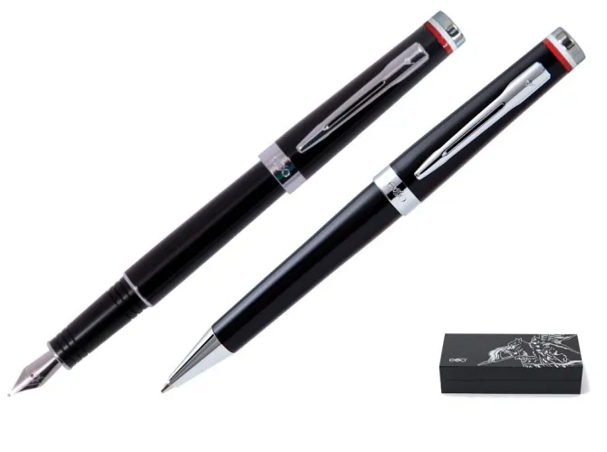 Zestaw (pióro wieczne i długopis) EXO Husaria Polska, czarny korpus, motyw flagi, wykończenia chromowane, etui Husaria / Czarny EXP1020HPSETCTFPBP-CZ