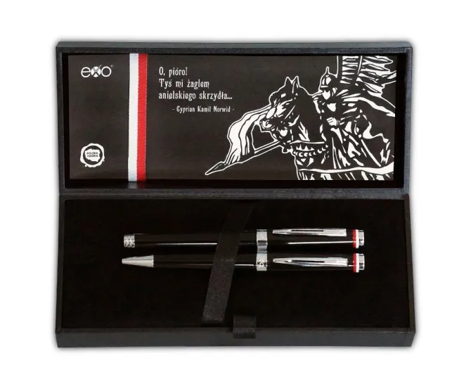 Zestaw (pióro wieczne i długopis) EXO Husaria Polska, czarny korpus, motyw flagi, wykończenia chromowane, etui Husaria / Czarny EXP1020HPSETCTFPBP-CZ